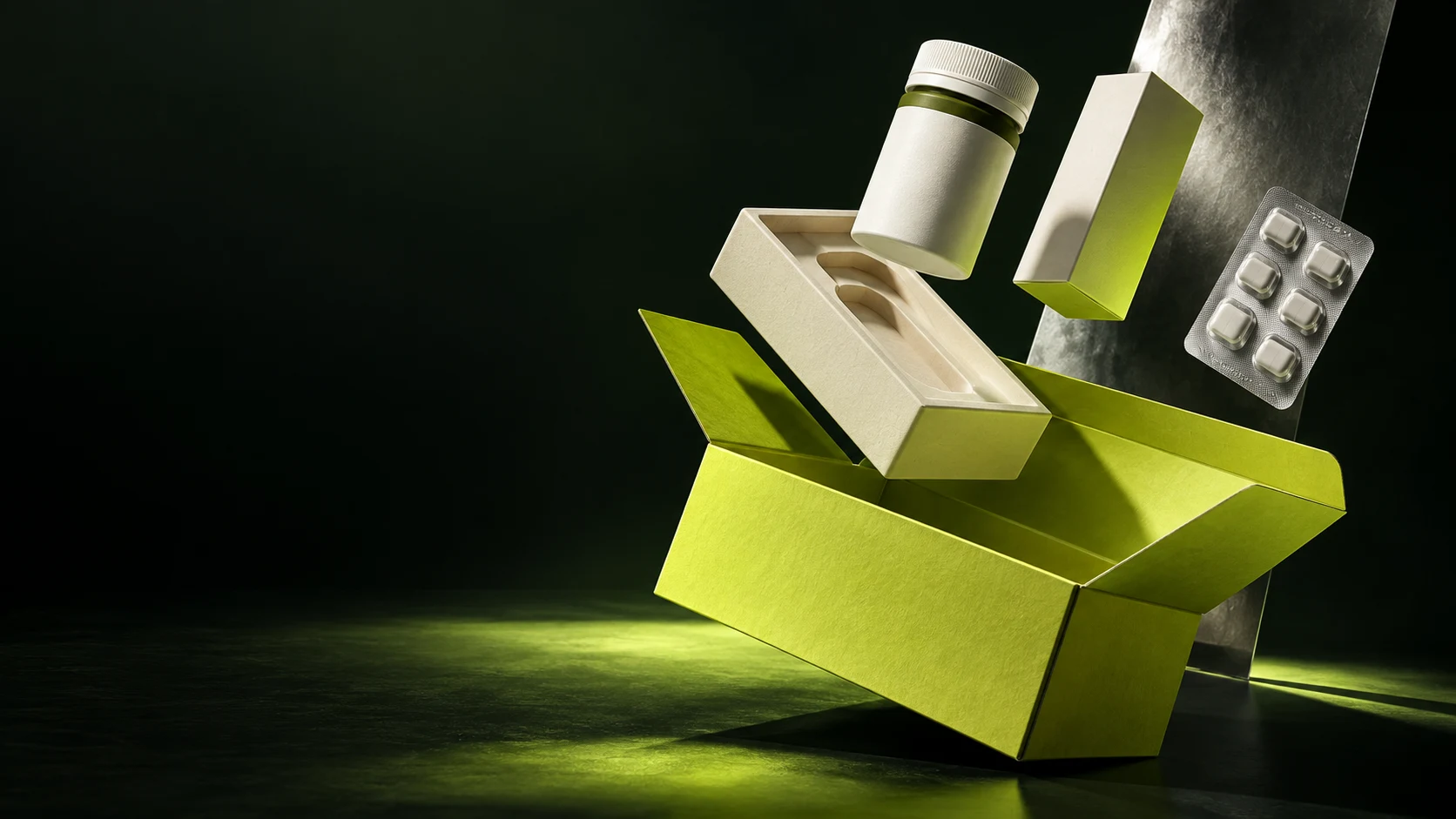 An illustrative acid-green care kit with pharmacy packaging suspended above its open box