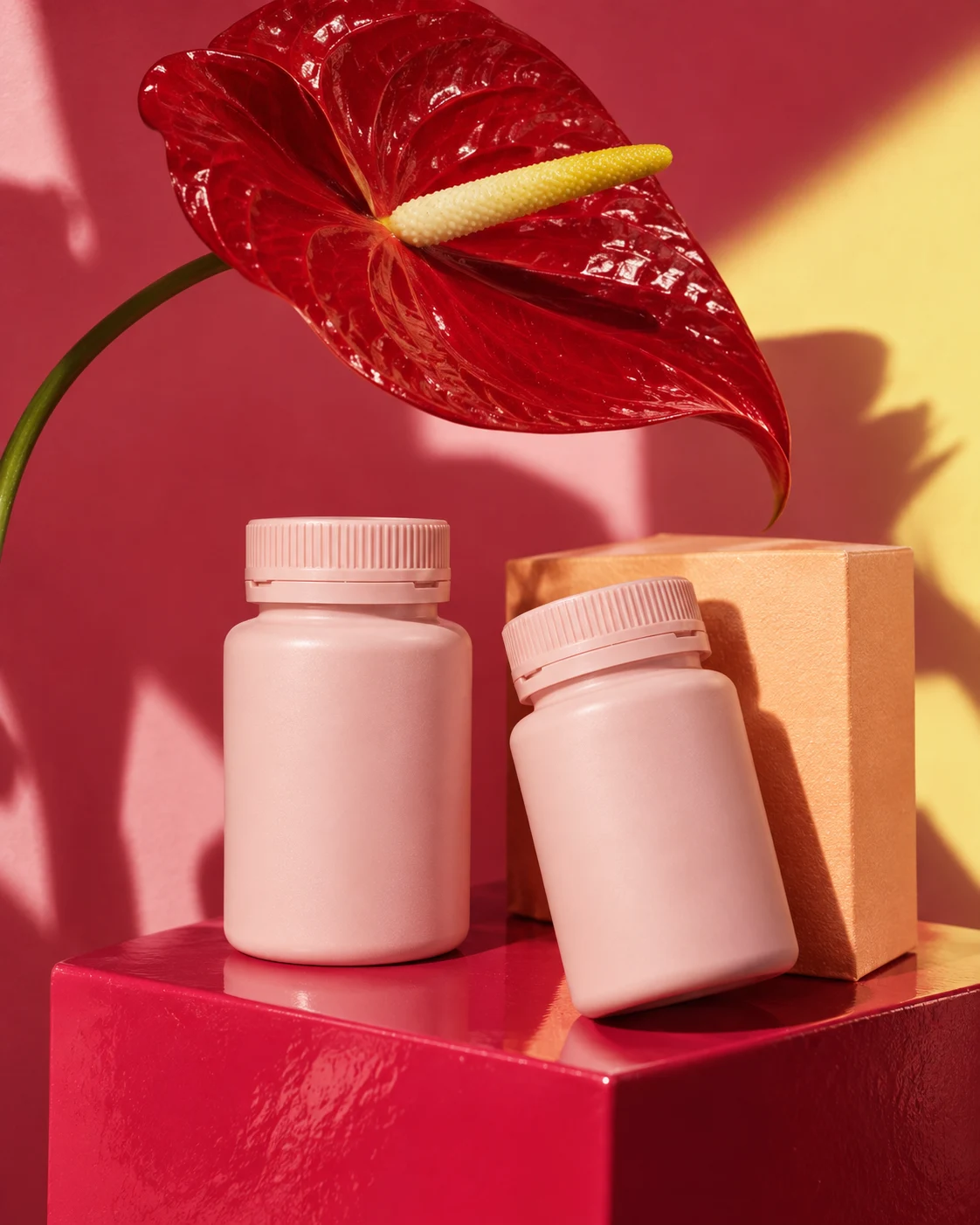 A sculptural cherry-red flower with blush pharmacy packaging on a pink pedestal