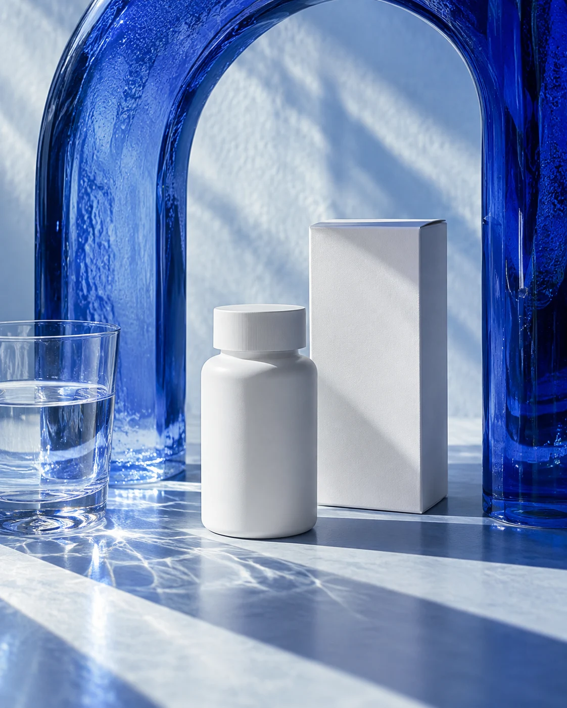 White pharmacy packaging inside a sculptural cobalt glass arch